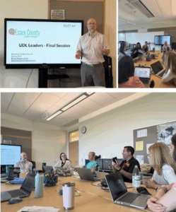 Three images in a collage. One man is in front of a screen presenting, and in the other two images groups of individuals are around a table conversing with their laptops open