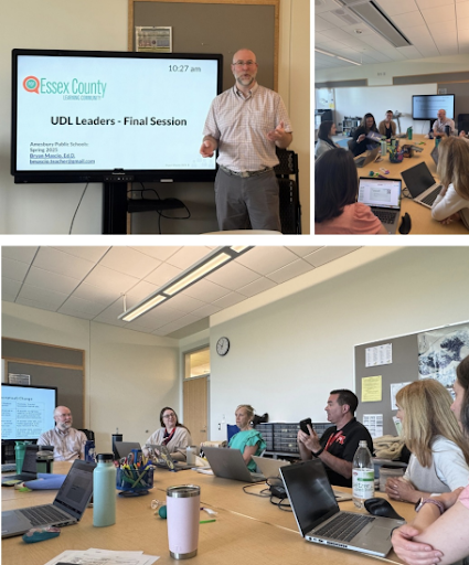 Three images in a collage. One man is in front of a screen presenting, and in the other two images groups of individuals are around a table conversing with their laptops open