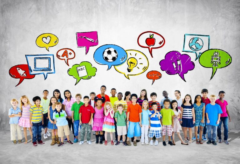 small children in a row with thought bubbles over their heads featuring their interests