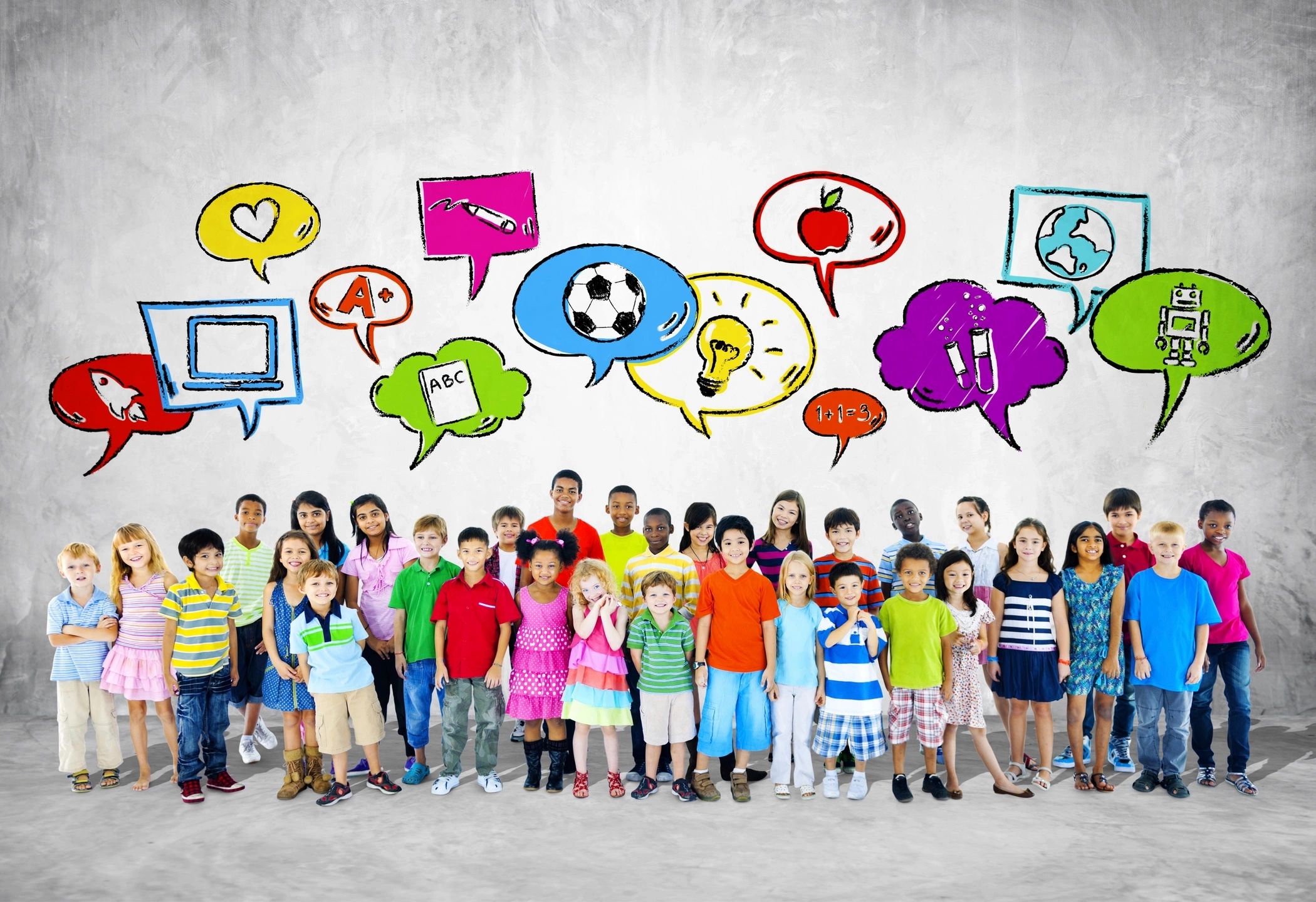 small children in a row with thought bubbles over their heads featuring their interests